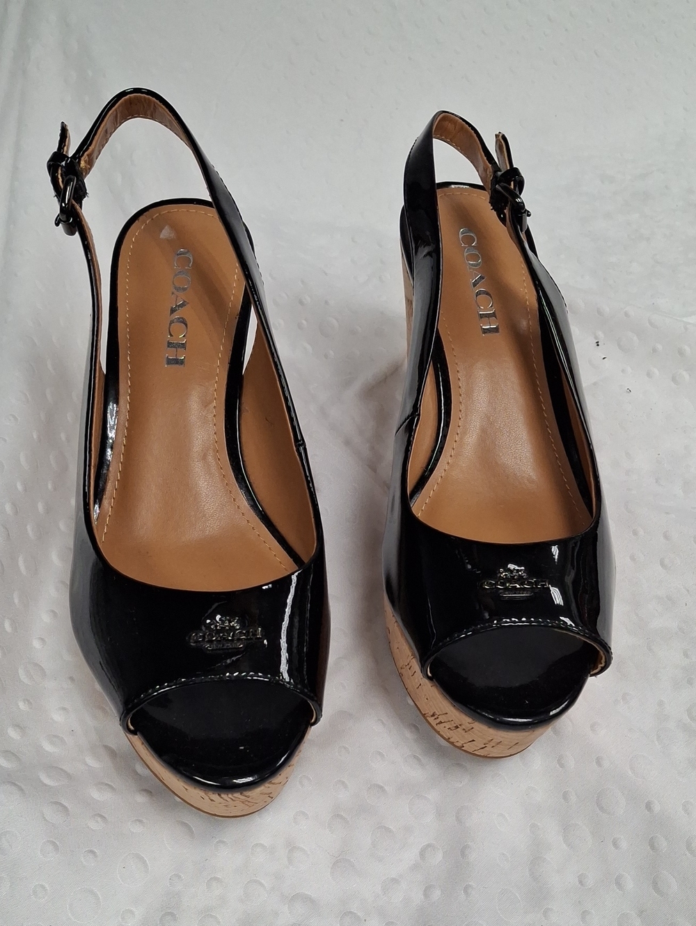 Coach Black Patent Peep-Toe Slingback Wedge Sandals - Size 7.5